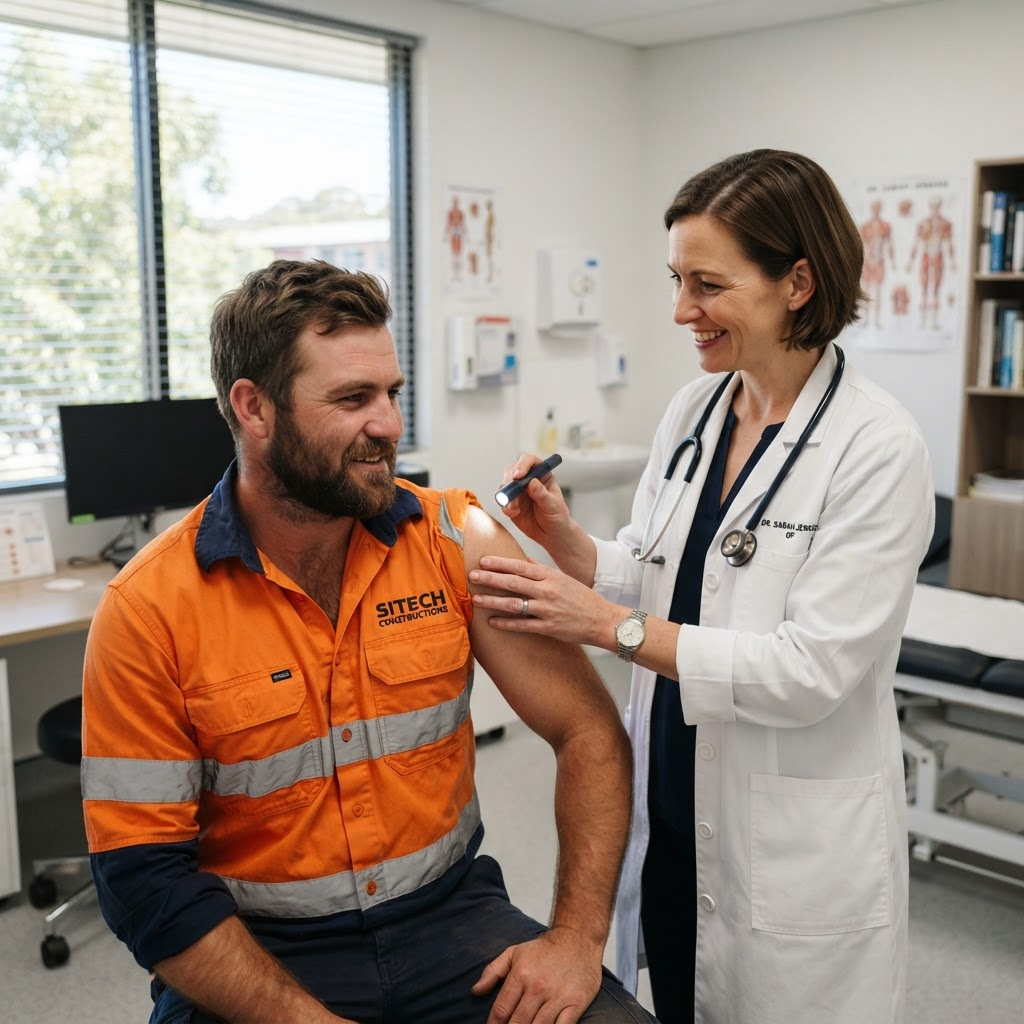 A GP examining the injured shoulder of a worker in hi-vis at Heal Medical Centre